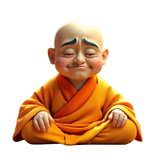 Illustration of a smiling monk in an orange robe, conveying a sense of humor and enlightenment.